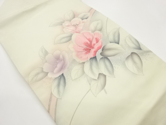JAPANESE KIMONO / EMBROIDERY NAGOYA OBI / SILVER FLOWERS / LEAVES